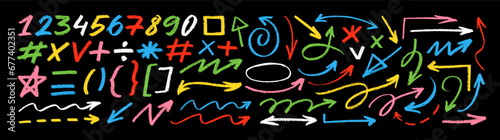 Various bright colored charcoal doodle arrows, punctuation elements and numbers.
