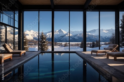 Pool overlooking snowy mountains