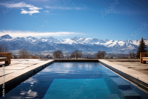 Pool overlooking snowy mountains