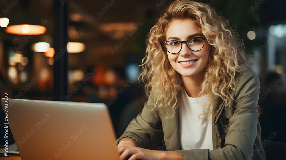 A young beautiful woman smiling while working with a laptop in the office is shown in a close-up portrait, A young beautiful woman smiling while working with a laptop in the office is shown in a close-up portrait,