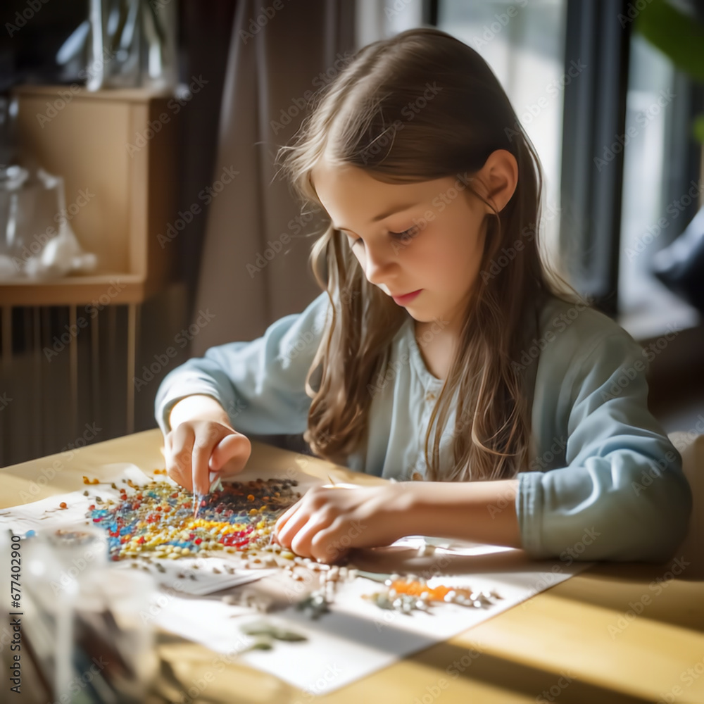 caucasian girl is making handmade beaded bracelets as a hobby or to earn extra money