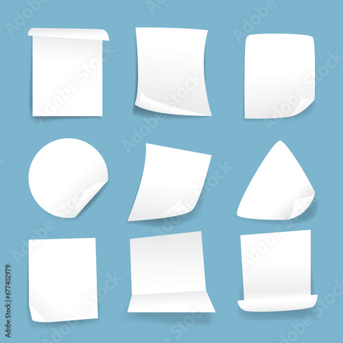 Set of blank realistic white paper stickers of different shapes banner isolated on white background. Round, oval, square, rectangular shapes. Copy space. Stickers or patches for preview tags, labels.