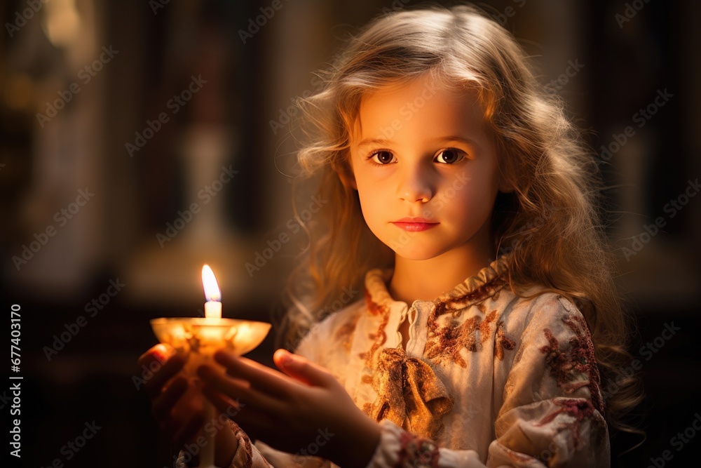Girl holding a lit candle in a church interior Girl holding a lit candle in a church interior