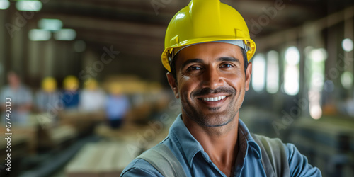 Young worker with safety helmet, factory blurred background © Gabriela