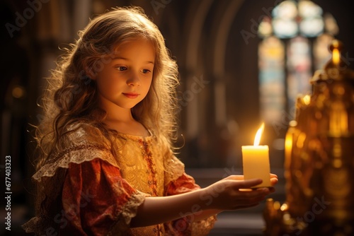 Little girl holding candles in front of a stained glass window © InfiniteStudio