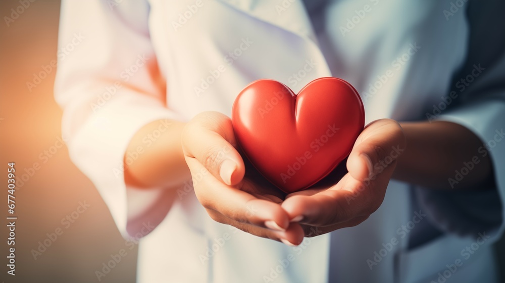 Doctor holding a red heart in his hand. The concept of heart checkup, health, blood donor month