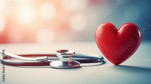 Statoscope with a red heart shape on table. The concept of heart checkup, health, blood donor month