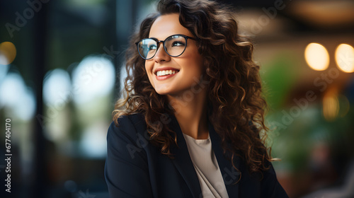 A young, cheerful professional business woman in glasses is happily laughing while looking at copy space advertising job opportunities or good business services,