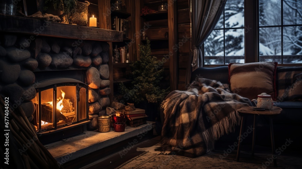 Cozy living room with fireplace, armchair, plaid, coffee cup and Christmas tree on background