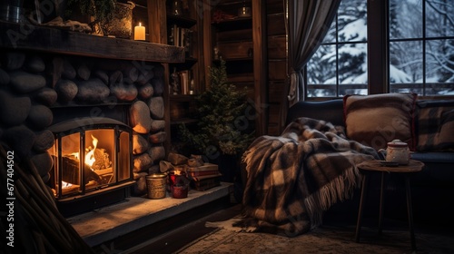 Cozy living room with fireplace  armchair  plaid  coffee cup and Christmas tree on background