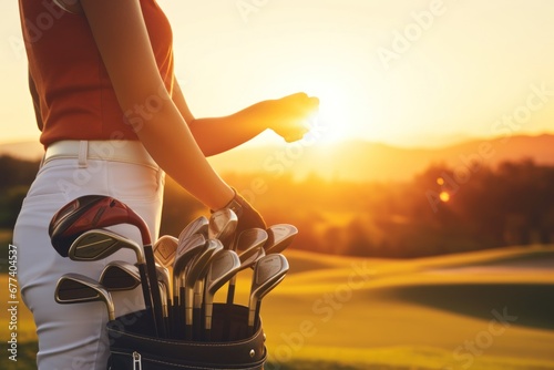 Golfer and Golf Stick Bag over green field background