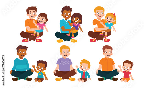 Happy Father s day greeting card. Set of Kid and Father Collection. Father with Daughter and son sitting  talking  and hugging. Diversity Family Parenthood. vector illustration