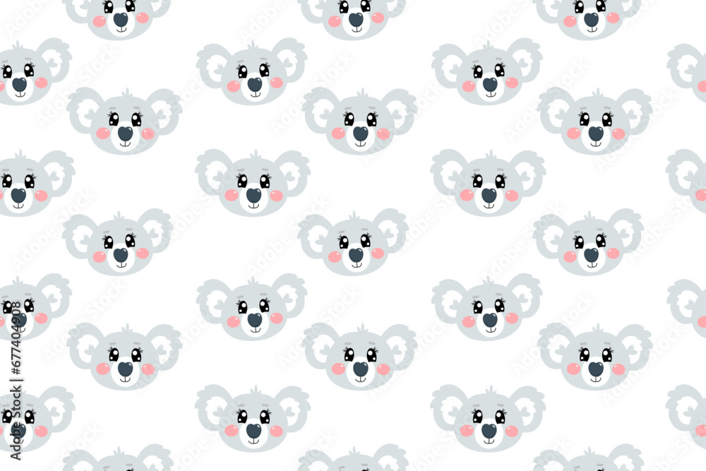 Seamless pattern with cartoon kawaii cute sweet face, head of koala face for children isolated on white background. Vector cartoon illustration for kids