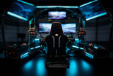 A sleek and modern racing cockpit with a Formula wheel, surrounded by high-tech monitors, immersive simulation equipment, and a dedicated gaming environment.