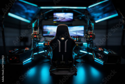 A sleek and modern racing cockpit with a Formula wheel, surrounded by high-tech monitors, immersive simulation equipment, and a dedicated gaming environment.