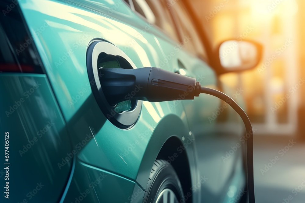 A close-up of electric car charging at EV charger station. Zero Emission Electric Car A close-up of electric car charging at EV charger station. Zero Emission Electric Car
