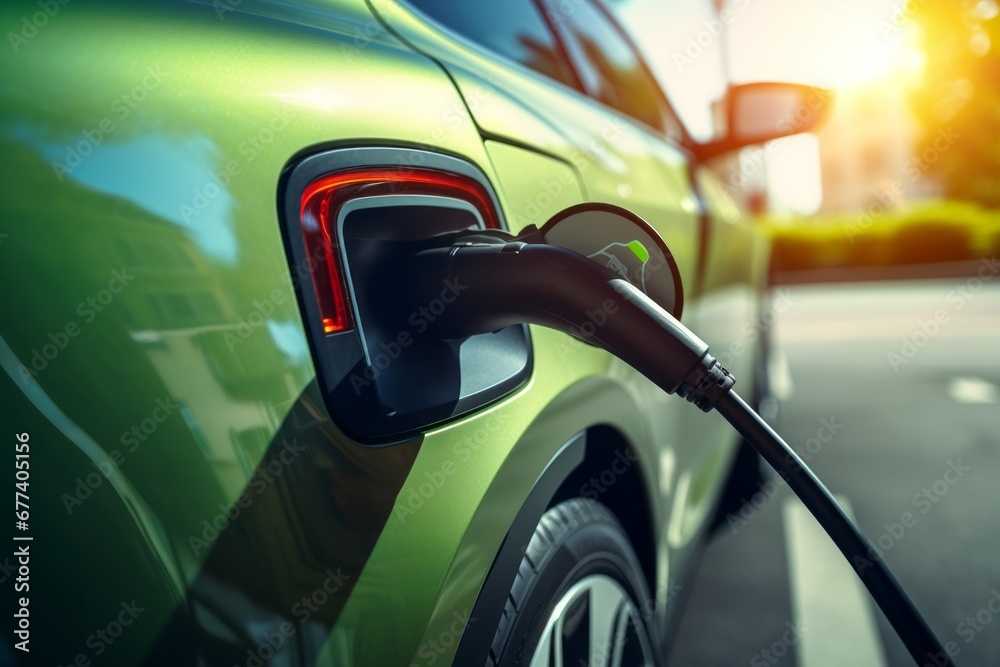 A close-up of electric car charging at EV charger station. Zero Emission Electric Car