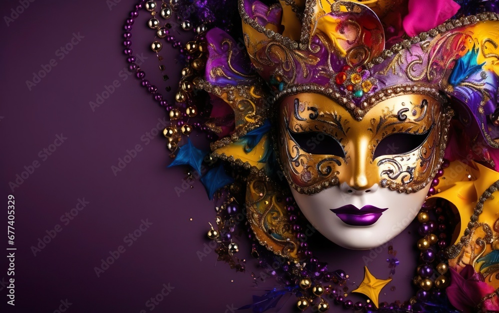 Happy Mardi Gras poster. Venetian masquerade mask with feathers for women isolated on purple background. Sequin mask for carnivals. Costume party outfit. Paper mache style face covering. AI Generative