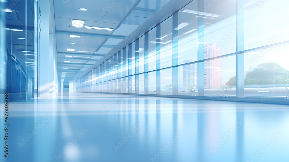 The hall of an office or medical institution with panoramic windows and a perspective, with a light blurred background,