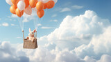 大空をたくさんの風船で浮かんでいるバスケットに乗って空を飛んでいる白ウサギ