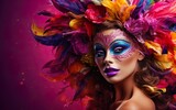 Happy Mardi Gras poster. A woman in gorgeous Venetian masquerade mask with bright feathers on purple background. Costume party outfit for carnivals. Face covering, purple lips. AI Generative