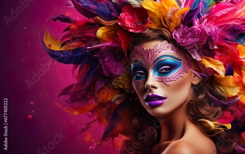 Happy Mardi Gras poster. A woman in gorgeous Venetian masquerade mask with bright feathers on purple background. Costume party outfit for carnivals. Face covering, purple lips. AI Generative © your_inspiration