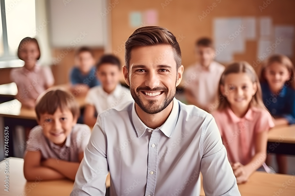 Male portrait of young teacher in class looking at camera with students in the background, back to school.