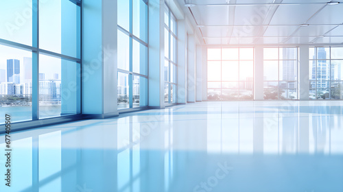 The blurred light background is from the panoramic windows of an office or medical institution hallway,