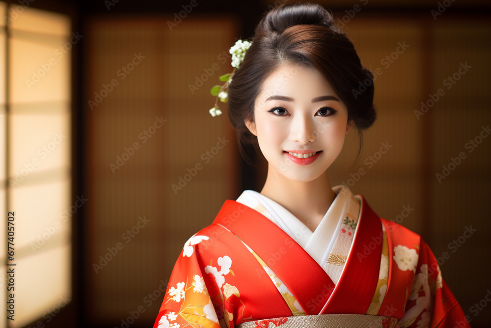beautiful japanese nationality female smiling and wearing kimono portraits bokeh style background