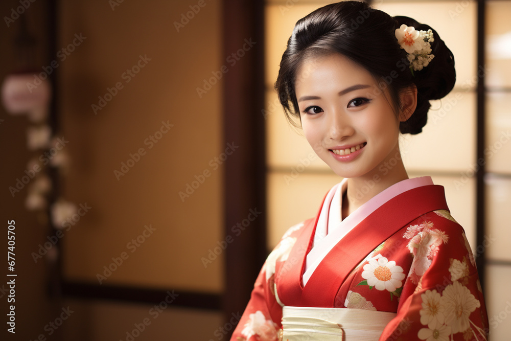 beautiful japanese nationality female smiling and wearing kimono portraits bokeh style background beautiful japanese nationality female smiling and wearing kimono portraits bokeh style background