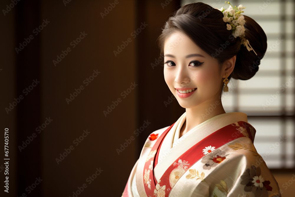 beautiful japanese nationality female smiling and wearing kimono portraits bokeh style background beautiful japanese nationality female smiling and wearing kimono portraits bokeh style background