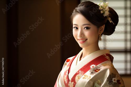beautiful japanese nationality female smiling and wearing kimono portraits bokeh style background