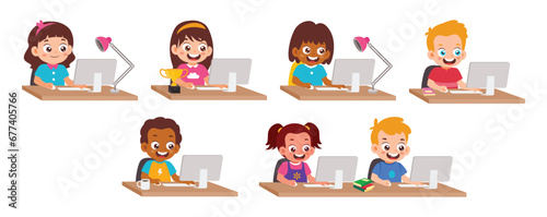 Set of Children study in online school sitting at desk with laptop computers and books Collection. Online education, Diversity Family Parenthood. vector illustration