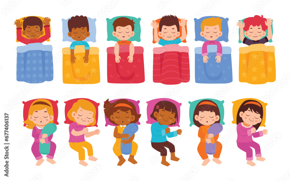 Set of Children sleep on bed room and feel comfortable Collection. good night and sweet dreams, Diversity Family Parenthood Kindergarten. vector illustration Set of Children sleep on bed room and feel comfortable Collection. good night and sweet dreams, Diversity Family Parenthood Kindergarten. vector illustration
