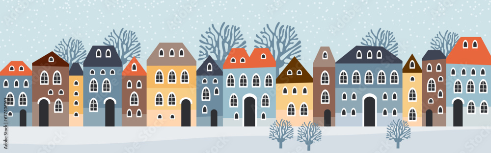 Cute Christmas and winter houses. Snowy night in cozy christmas town city panorama. Winter village night landscape Christmas outdoor decorations.