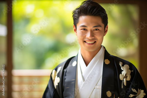 japanese man wearing a hakama and smiling bokeh style background photo