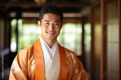 japanese man wearing a hakama and smiling bokeh style background