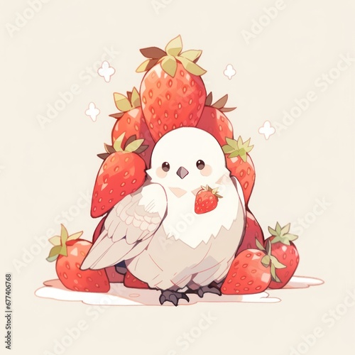 pigeon eat strawberry chibi cartoon style isolated plain background