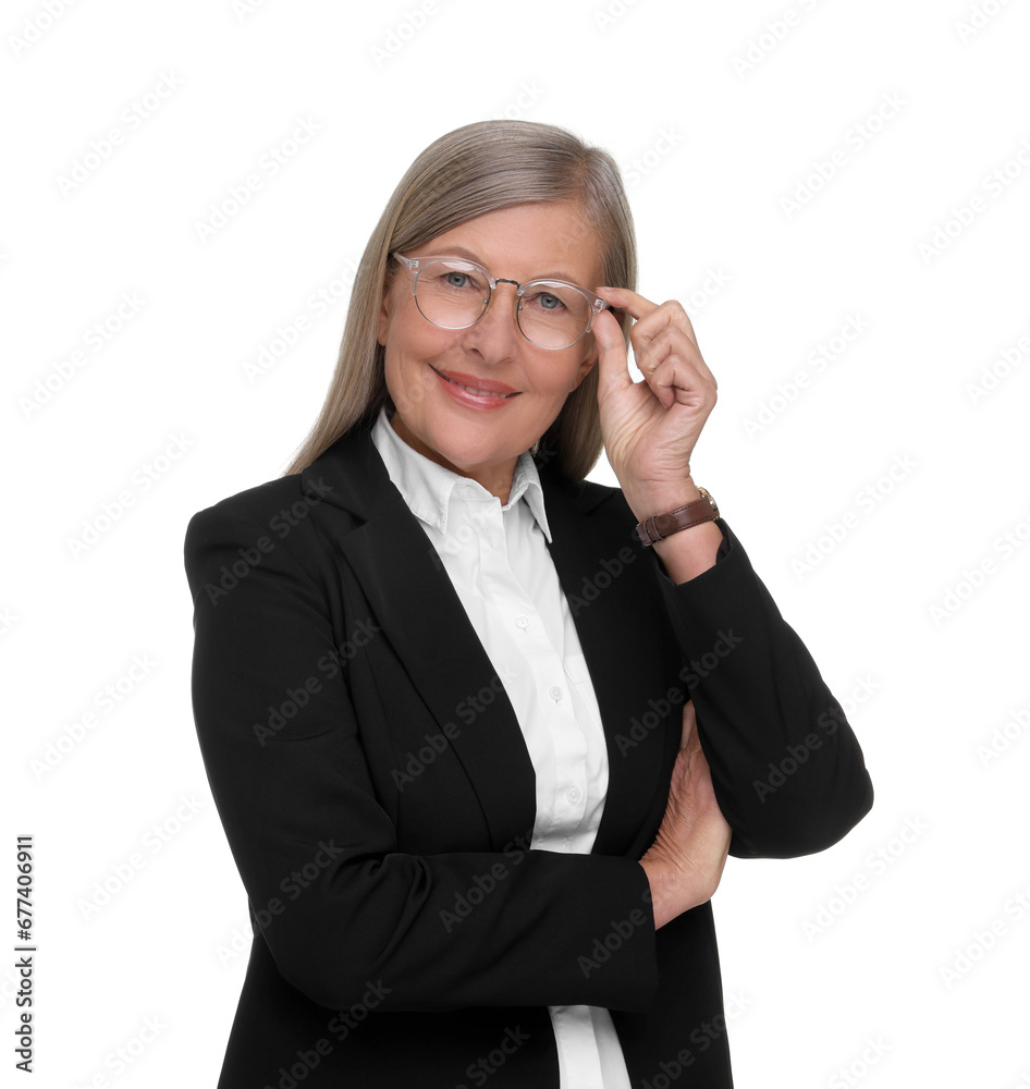 Portrait of smiling woman in glasses on white background. Lawyer, businesswoman, accountant or manager Portrait of smiling woman in glasses on white background. Lawyer, businesswoman, accountant or manager