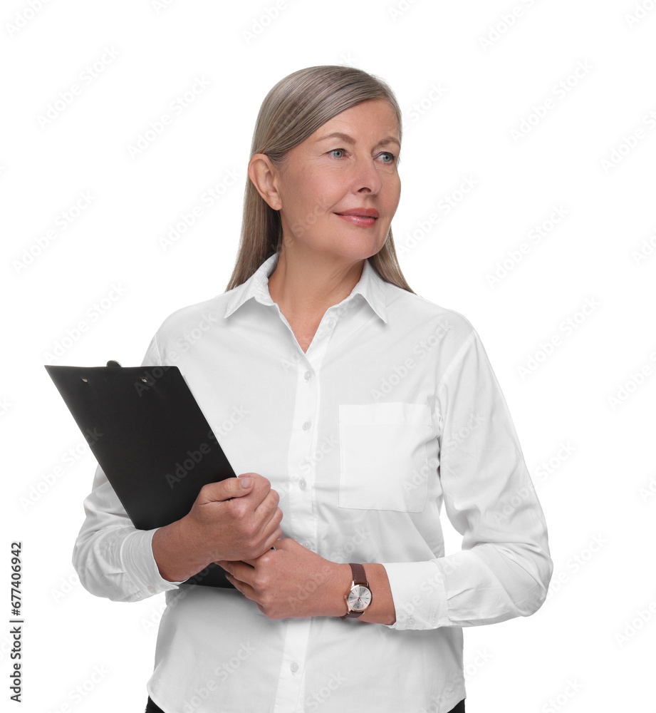 Portrait of beautiful woman with clipboard on white background. Lawyer, businesswoman, accountant or manager Portrait of beautiful woman with clipboard on white background. Lawyer, businesswoman, accountant or manager