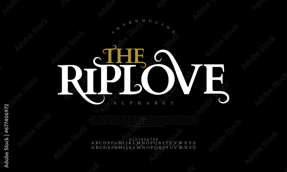 Theriplove premium luxury elegant alphabet letters and numbers. Elegant wedding typography classic serif font decorative vintage retro. Creative vector illustration