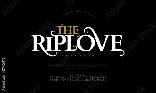 Theriplove premium luxury elegant alphabet letters and numbers. Elegant wedding typography classic serif font decorative vintage retro. Creative vector illustration
