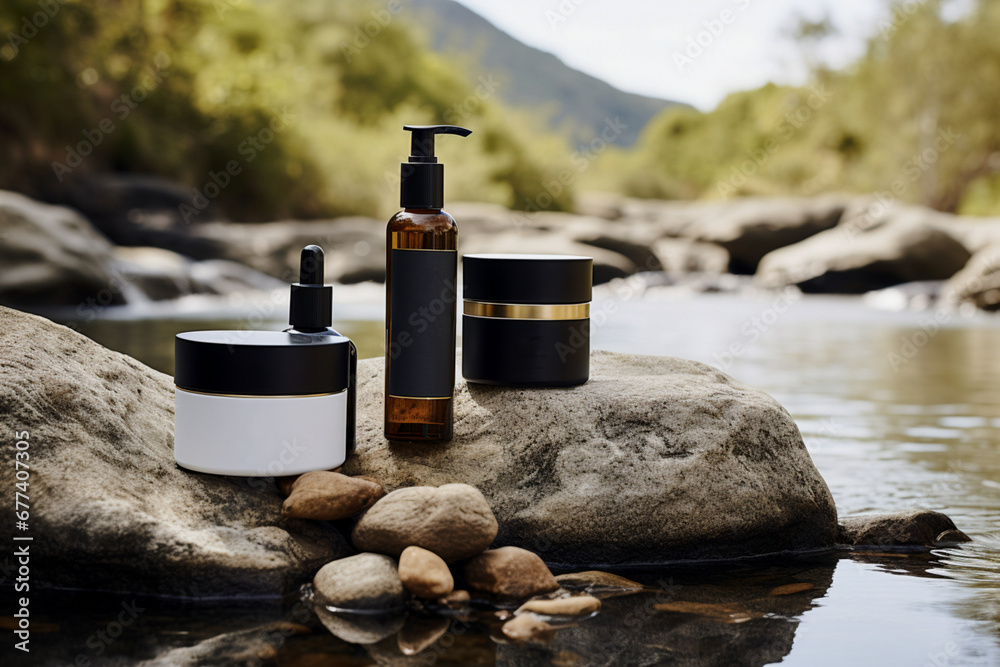 Bottle of beauty product on the rock in the creek, Generative Ai Bottle of beauty product on the rock in the creek, Generative Ai