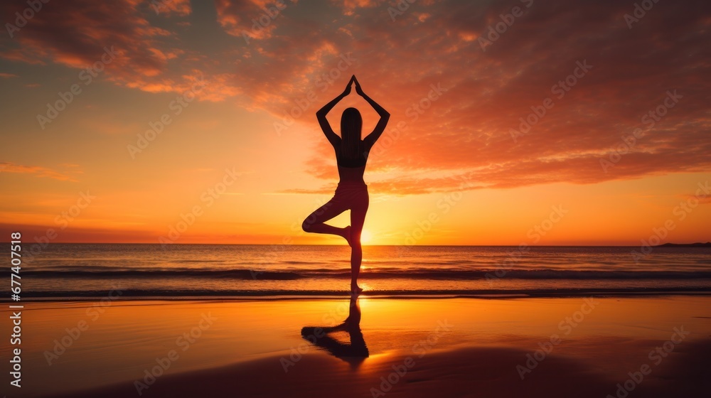 photography of woman and the practice yoga on the beach, sunset colors, beach background, stock photo.
