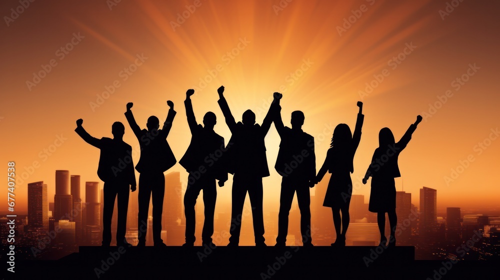 Silhouette of business team stand and feel happy on the most hight at stand on sunset, success, leader, teamwork, target, Aim, confident, achievement, goal, on plan, finish, generate by AI Silhouette of business team stand and feel happy on the most hight at stand on sunset, success, leader, teamwork, target, Aim, confident, achievement, goal, on plan, finish, generate by AI