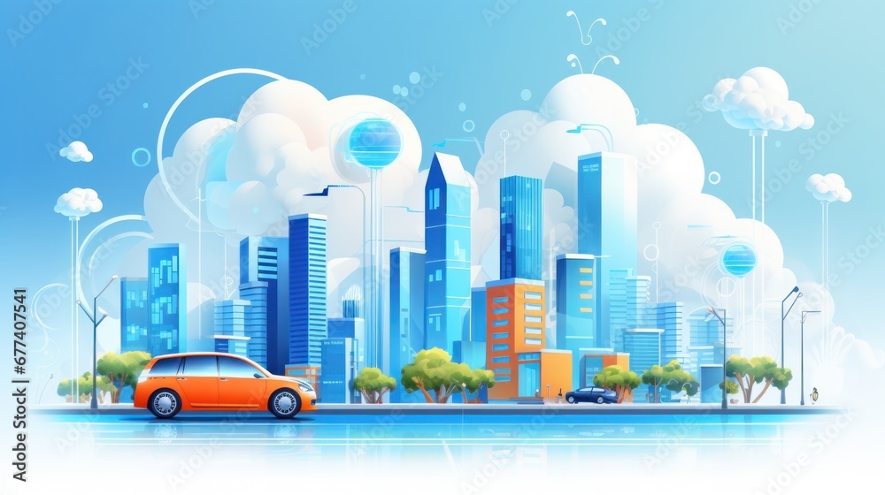 Obraz premium Social networking city and town with automation car on the world symbols moving from buildings to cloud using wifi. Vector illustration, penology, communication, generation, modern, generate by AI
