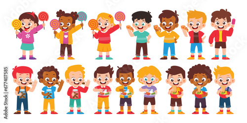 Group of Children eating various food Collection. Kid breakfasting or lunch, kid eating candy, ice cream, cookies and fast food. Diversity Family Parenthood Kindergarten. vector illustration photo