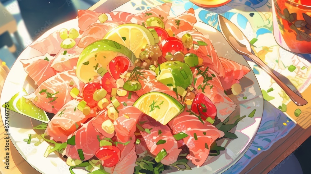 A platter of vibrant and refreshing ceviche with fresh seafood and citrus flavors, captured in a lively side view shot with vibrant garnishes manga cartoon style