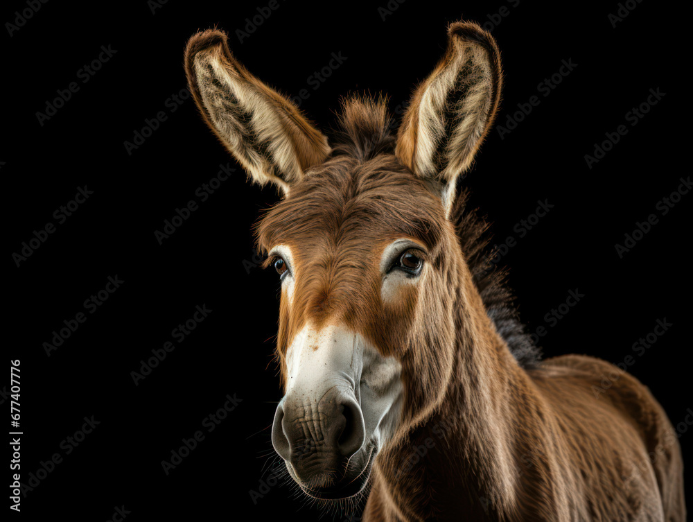 Donkey Studio Shot Isolated on Clear Black Background, Generative AI Donkey Studio Shot Isolated on Clear Black Background, Generative AI