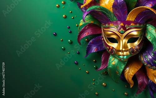 Mardi Gras poster. Venetian masquerade mask isolated on green background, copy space at the left. Sequin mask for carnivals. Costume party outfit. Paper mache face covering. AI Generative
